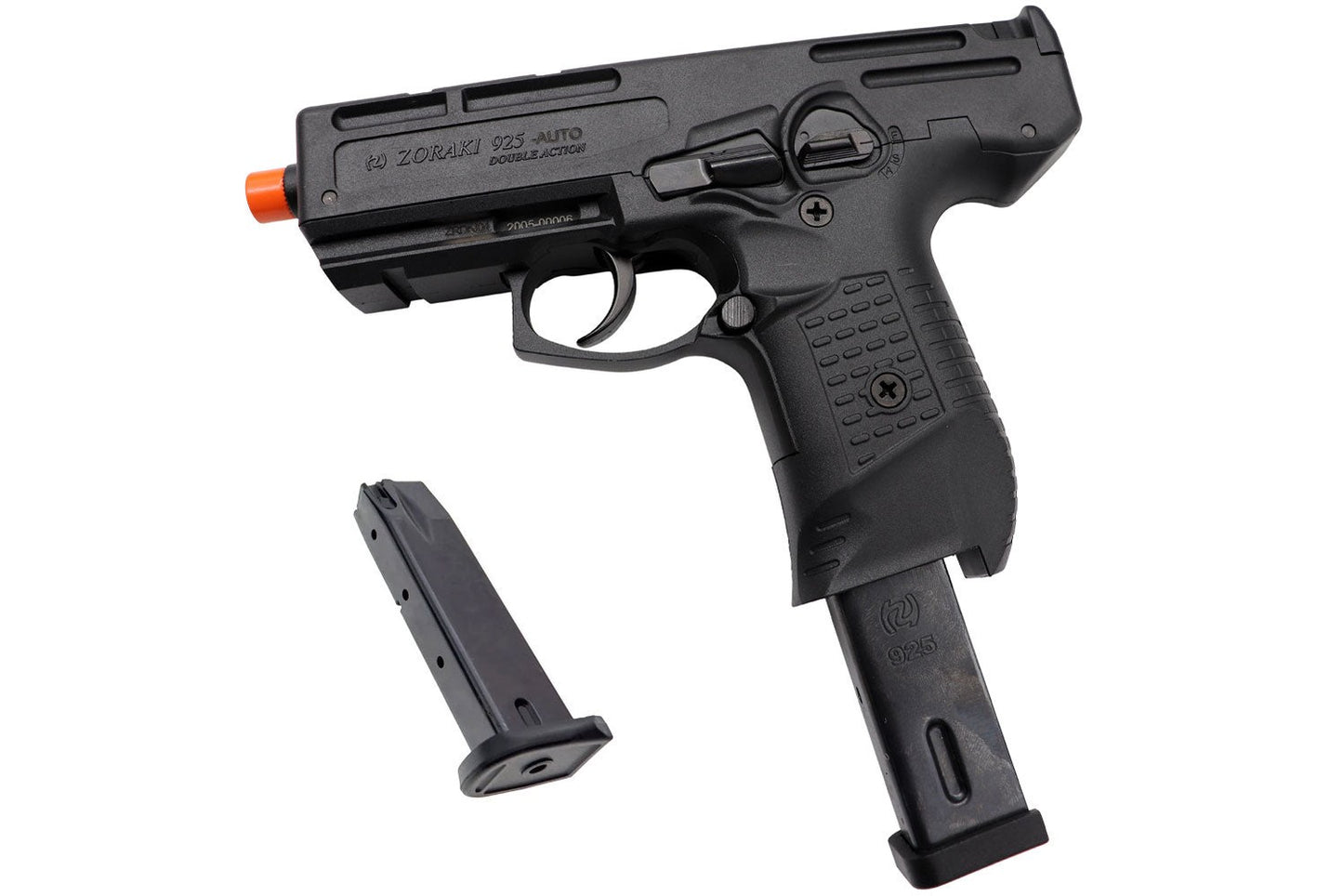 Zoraki 925 black 9mm PAK blank firing pistol with semi automatic design and textured grip