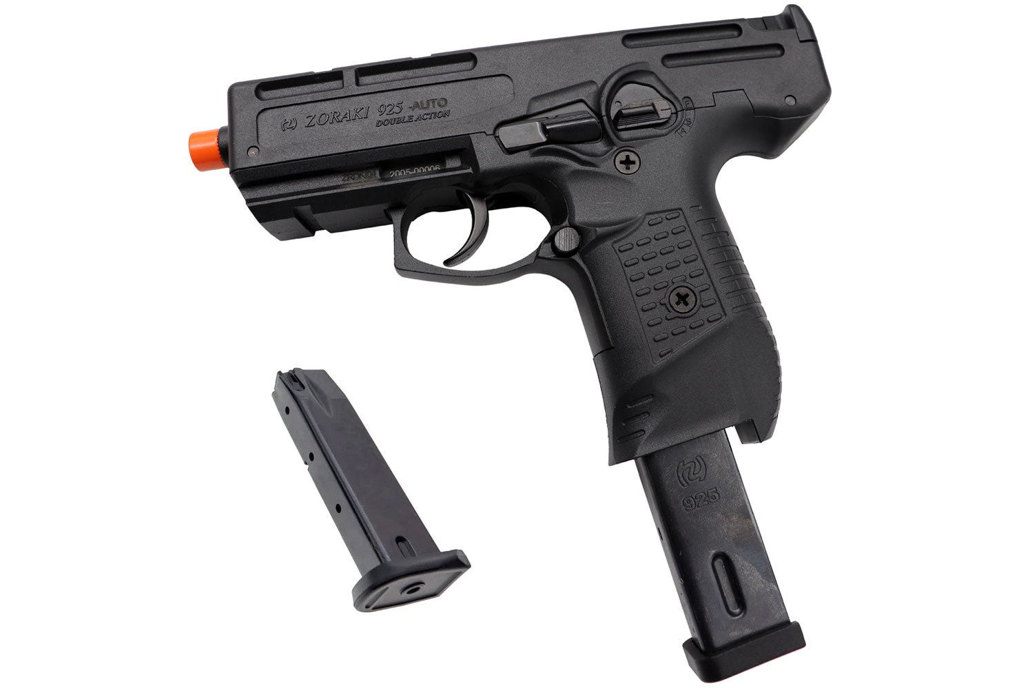 Zoraki 925 black 9mm PAK blank firing pistol with semi automatic design and textured grip