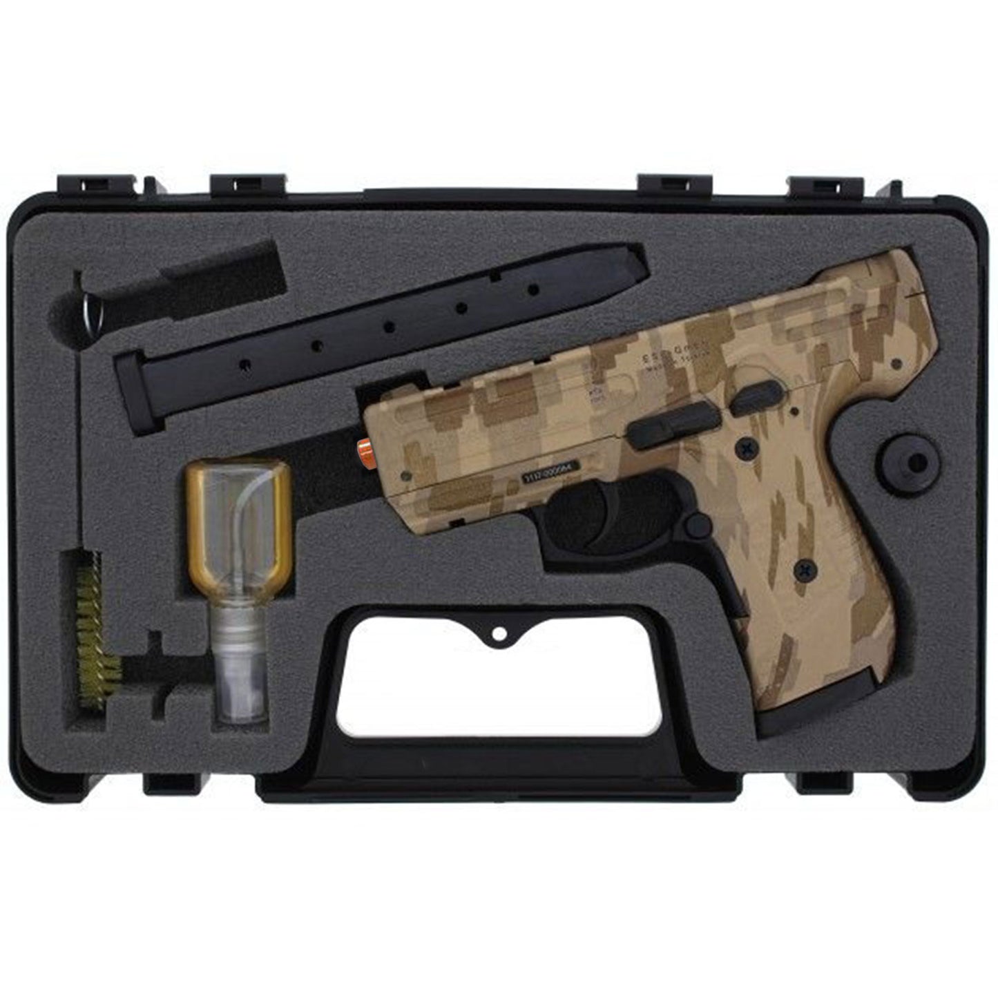Camouflage toy gun with accessories in a black case on a white background