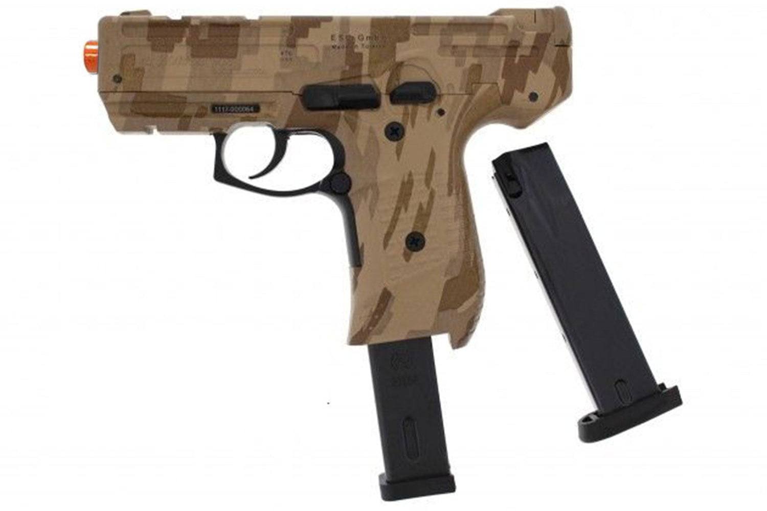 Camouflage airsoft gun with a black magazine on a white background