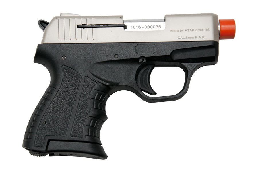 Black and silver air gun with red tip on a white background