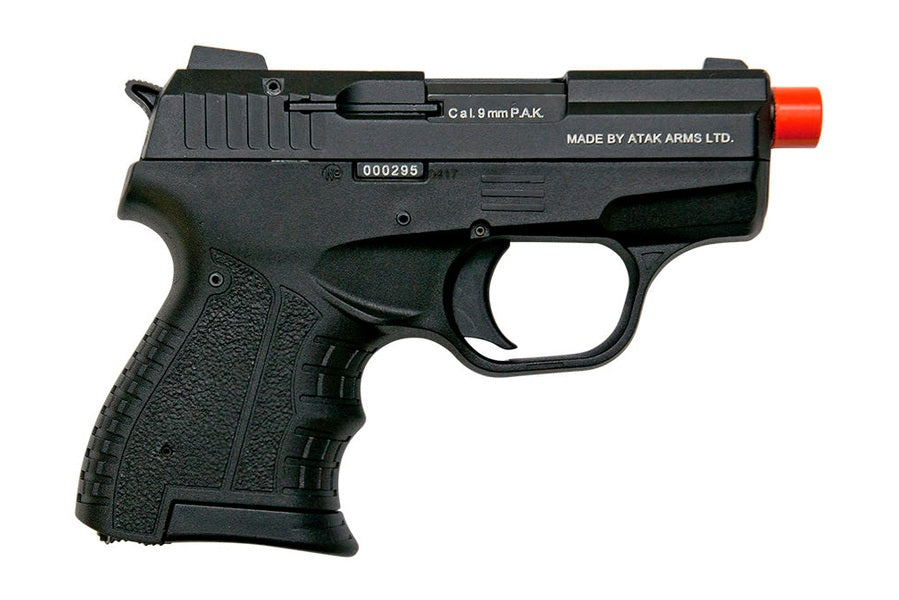 Black blank firing gun with red tip on a white background
